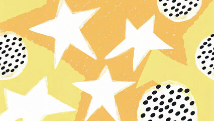Yellow Abstract Background with White Stars and Black Dotted Circles for Cheerful and Fun Designs