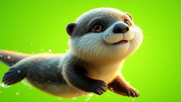A cartoon otter swims in bright green water with a cheerful expression on its face looking upwards - Powered by Adobe