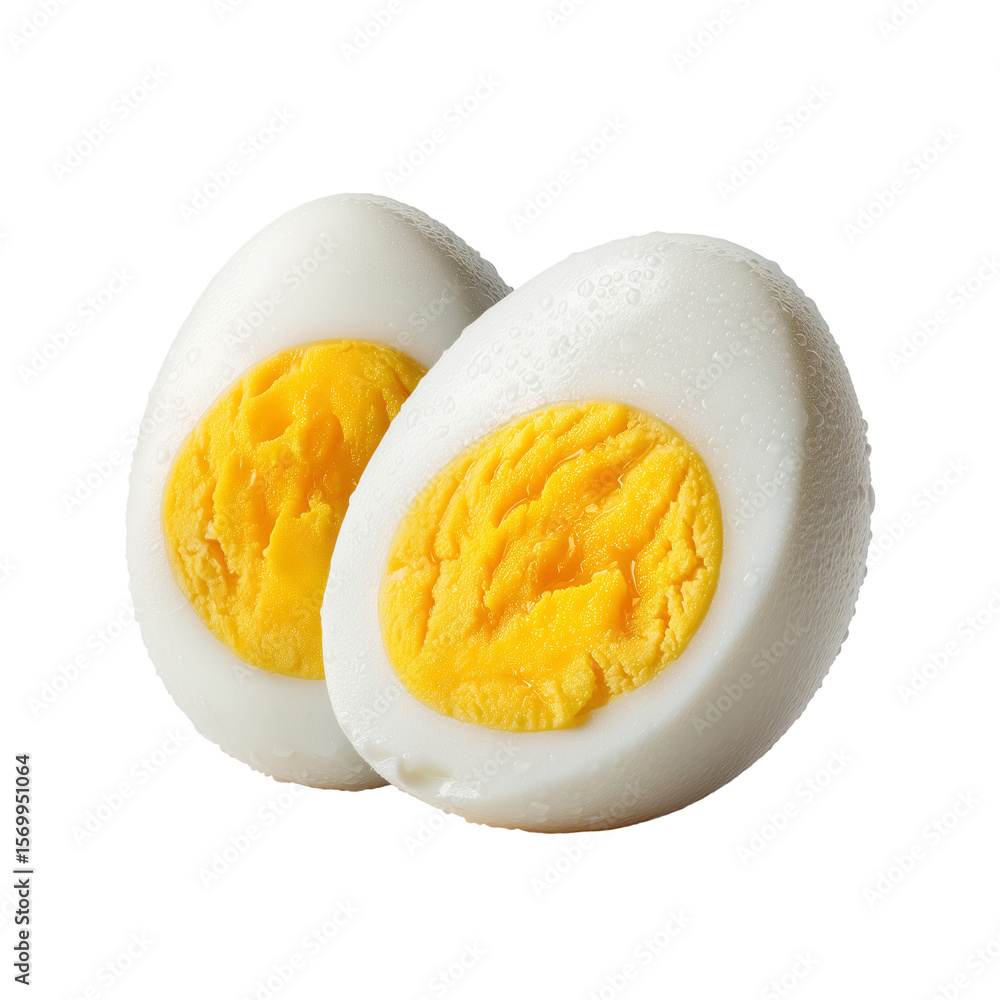 Poster two halves of a boiled egg with bright yellow yolk on a plain background isolated on transparent bac
