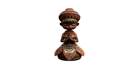 African-Inspired Wooden Figurine In Prayer Pose. Cultural Art And Spiritual Symbolism Isolated On Transparent Background