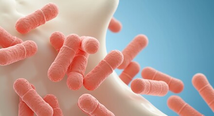 Probiotic bacteria microscopic view pink capsules blue background. Lactobacillus microorganisms supplements health concept