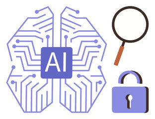 AI brain circuit, magnifying glass, and padlock represent artificial intelligence, cybersecurity, data analysis, and machine learning. Ideal for technology, innovation, privacy and simple landing