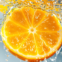 Macro of orange slice splashing into water. JPEG, 5.2MB, 12x12in, 3600x3600px, 300p/i