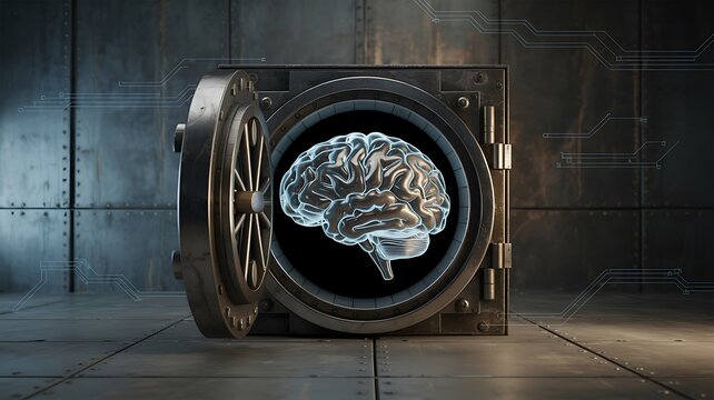 Cybersecurity:  Digital Brain Protected in High-Tech Vault; Futuristic, Secure Concept. - Powered by Adobe