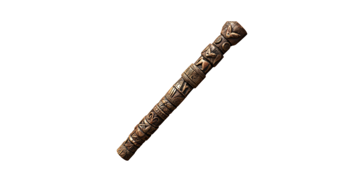 Intricately Carved Wooden Staff With Tribal Patterns. Cultural Heritage And Artistic Craftsmanship Isolated On Transparent Background