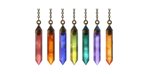 Colorful Crystal Pendants Chains. Spiritual Healing And Chakra Balancing Jewelry Isolated On Transparent Background