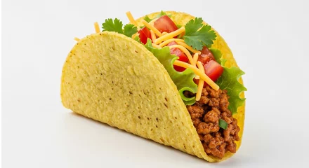 Gardinen Smakelijke taco gevuld met kruidig gehakt helder belicht. AI Generated © Lucas