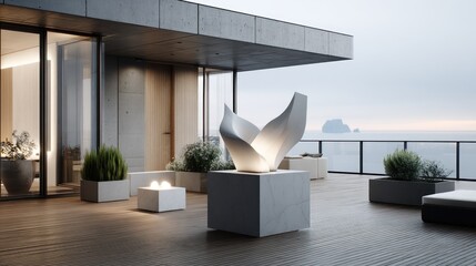 Modern abstract sculpture of white fabric stands illuminated on terrace with luxurious architecture, creating a stunning artistic effect