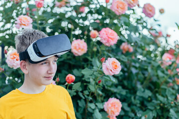 Inquisitive, thoughtful Teenage boy adjusting VR headset on forehead, standing among pink roses....