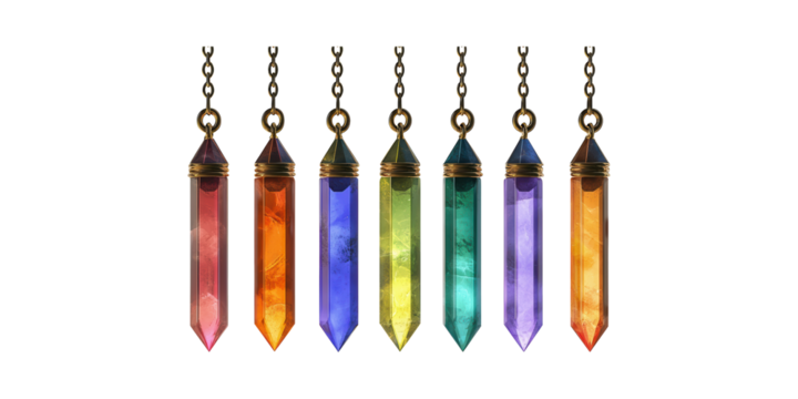 Colorful Crystal Pendants Chains. Spiritual Healing And Chakra Balancing Jewelry Isolated On Transparent Background