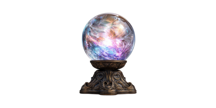Mystical Crystal Ball With Colorful Swirls Ornate Stand. Symbol Of Fortune Telling And Magic Isolated On Transparent Background