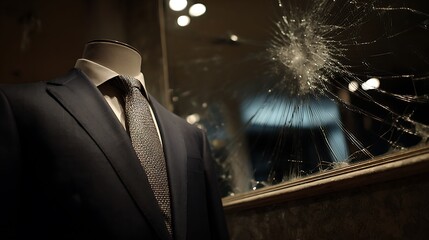 A mannequin wearing a suit next to a broken window in a dark and moody retail setting