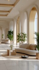 Warm and inviting space with a curved sofa and greenery creates a serene atmosphere perfect for leisure and enjoyment