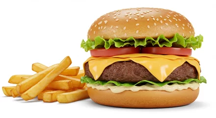 Gardinen Knapperige friet naast sappige hamburger heerlijk belicht. AI Generated © Lucas