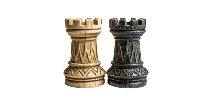 Wooden Chess Rooks. Strategy And Tactics In Board Games Isolated On Transparent Background
