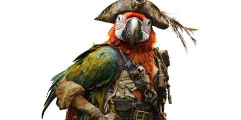Parrot Dressed As Pirate With Tricorn Hat And Accessories. Creative Animal Costume Concept Isolated On Transparent Background