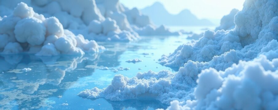 Icy blue light reflects off the surface of smooth white marble, shimmering, calm