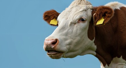 Brown white cow head portrait yellow ear tags blue sky. Cattle face close up farming livestock agriculture. Animal concept