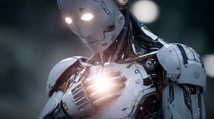Close up shot of a futuristic humanoid robot with glowing eyes and chest plate light
