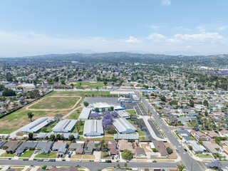 Day time aerial view of the Uptown area of Whittier with house and street, California, USA