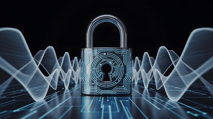 Cybersecurity: Futuristic Padlock with Digital Waves, Abstract Technology, Dark Background