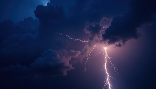Stormy night sky with lightning illuminating dark clouds and thunder rumbling, cloudy skies, stormy weather, rainy weather