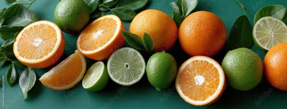 Poster close-up view of oranges and limes displayed in a colorful layout, showcasing the bright slices and 