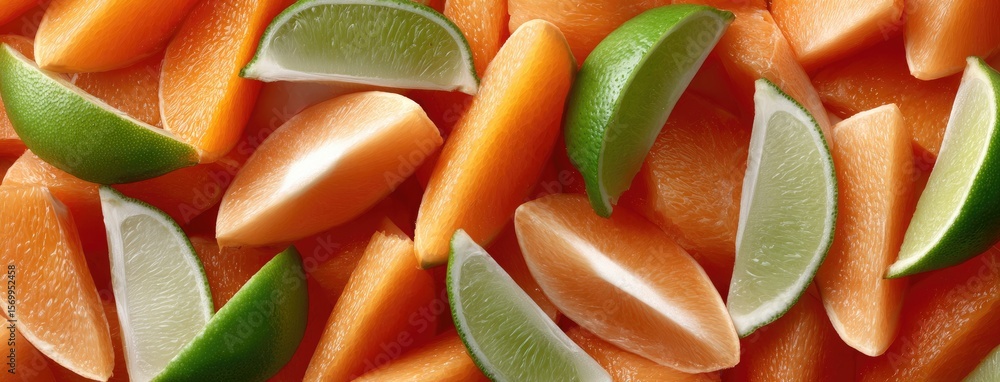 Poster close-up view of oranges and limes displayed in a colorful layout, showcasing the bright slices and 
