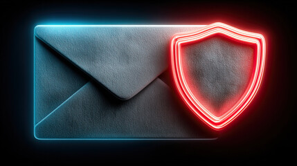 Email envelope with glowing shield symbol representing email security and protection concept in dark background