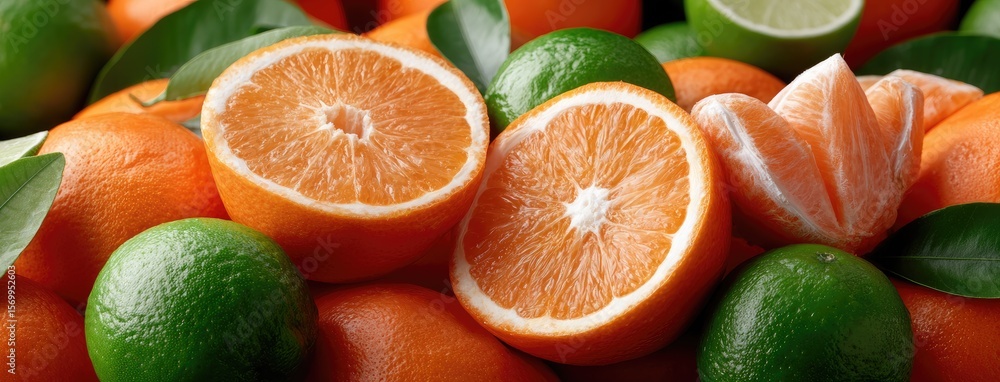 Poster close-up view of oranges and limes displayed in a colorful layout, showcasing the bright slices and 