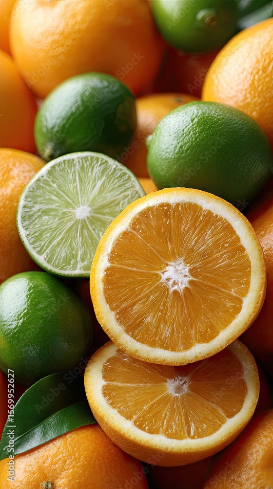Poster close-up view of oranges and limes displayed in a colorful layout, showcasing the bright slices and 