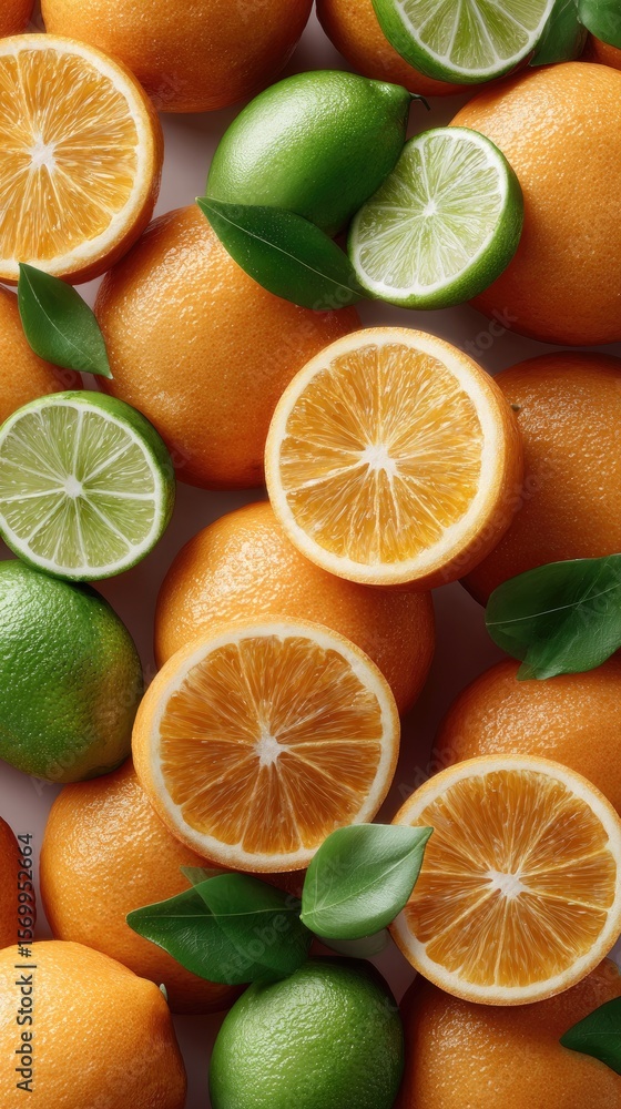 Poster close-up view of oranges and limes displayed in a colorful layout, showcasing the bright slices and 