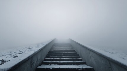 A long staircase disappearing into dense fog with snow covering the steps and surroundings