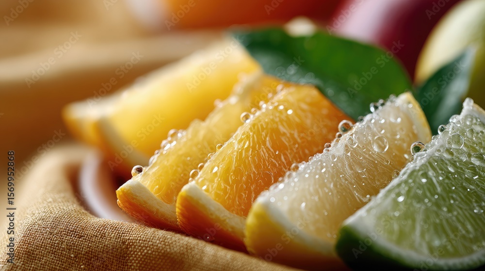Poster close-up view of oranges and limes displayed in a colorful layout, showcasing the bright slices and 