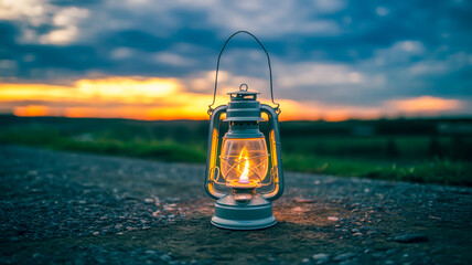 A dramatic photograph of a vintage kerosene lantern glowing warmly in the foreground against a moody sunset sky