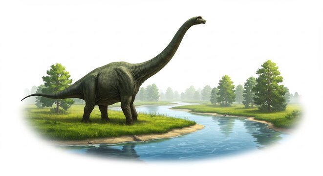 Dinosaure g�ant paisible pr�s rivi�re matin brumeux paysage pr�historique vert. AI Generated