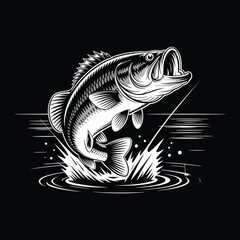 Jumping Bass Fishing Black and White