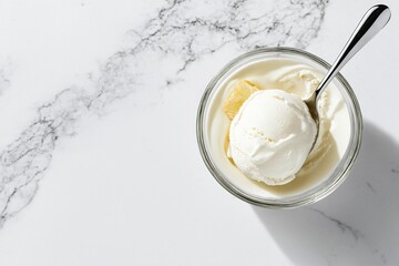 Ice cream dessert in waffle cone on marble background, elegant food presentation for cafe and social media