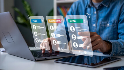 A sleek digital task manager on laptop screen, showing three organized, colorful floating task card views