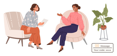 Two women sit on armchairs, engaged in discussion. Nearby, a potted plant adds warmth, while a secure message with a code highlights communication and technology. Ideal for communication