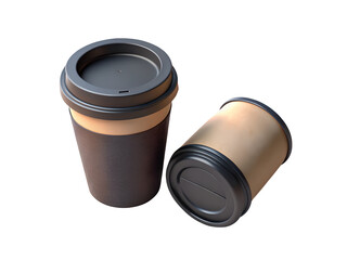 Two Dark Coffee Cups with Lids on Transparent Background, 3d Clipart With Isolated Background