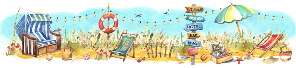 Beach banner clipart, white blue striped  beach chairs, shells,  lifebuoy, blades of grass, straw hat, seagull bird, blue sky. Stock illustration.