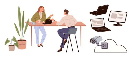Two professionals converse at a desk with laptops, surrounded by potted plants. Nearby, computers and a cloud-connected CCTV camera highlight technology. Ideal for communication, collaboration