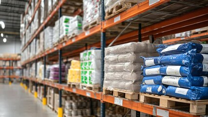 Side view of warehouse shelving filled with colorful packages of pasta, rice, and sauces, pallets lined up neatly for quick access and shipment - Powered by Adobe