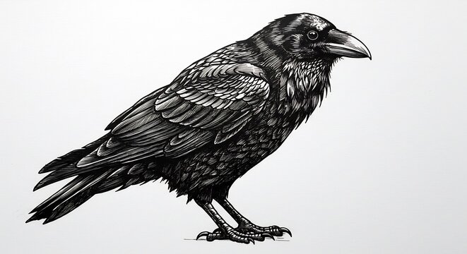 Corbeau majestueux dessin noir blanc detail plume intense. AI Generated