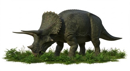Fototapeta premium Triceratops paisible broute herbe verte lumiere douce. AI Generated