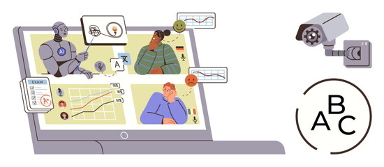 Robot analyzing student performance on a laptop, real-time surveillance, exam results. Ideal for virtual learning, AI, surveillance, education, performance tracking, remote monitoring simple flat