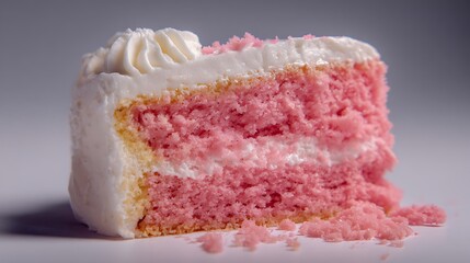A close up view of a slice of pink cake with white frosting on a white background surface