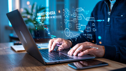 A sleek digital workspace with holographic UI overlay, showcasing futuristic tools, data charts, and collaboration