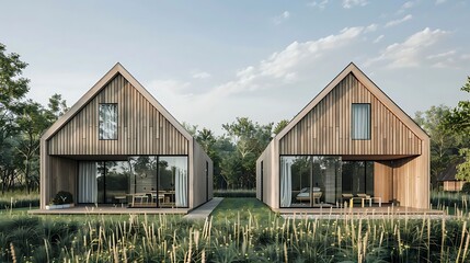 Modern Wooden Cabins with Rural Landscape.